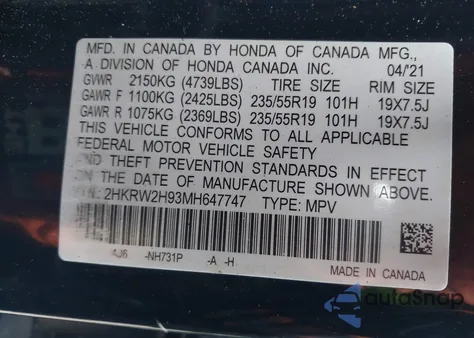 2021 Honda Cr-V Awd Touring from USA, damaged, VIN 2HKRW2H93MH647747